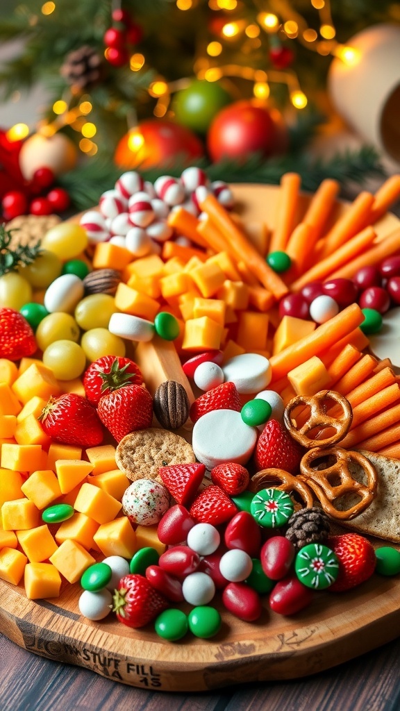 Festive Christmas Charcuterie Board for Kids Party A festive Christmas charcuterie board with cheese, fruits, and treats for kids.